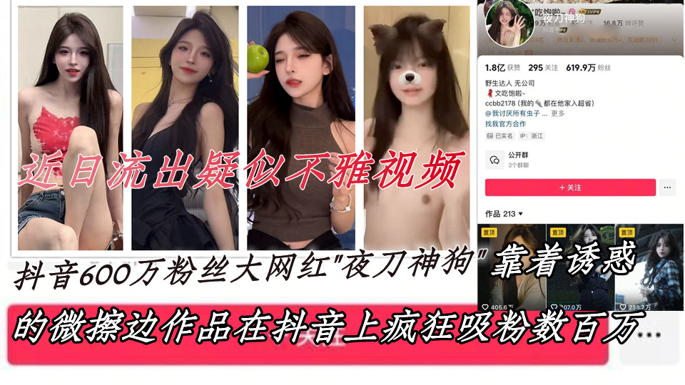 抖音600万粉丝大网红【夜刀神狗】小姐姐凭借着自己的颜值和身材，靠着诱惑的微擦边作品，在抖音上疯狂吸粉数百万，近日流出疑似不雅视频
